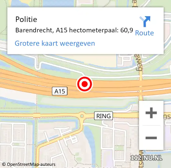 Locatie op kaart van de 112 melding: Politie Barendrecht, A15 hectometerpaal: 60,9 op 6 juni 2023 15:15