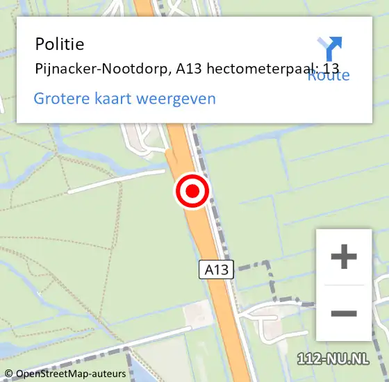 Locatie op kaart van de 112 melding: Politie Pijnacker-Nootdorp, A13 hectometerpaal: 13 op 6 juni 2023 17:09