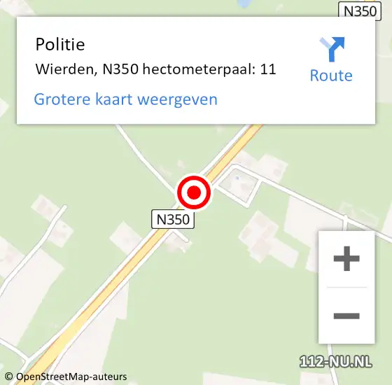 Locatie op kaart van de 112 melding: Politie Wierden, N350 hectometerpaal: 11 op 6 juni 2023 17:57