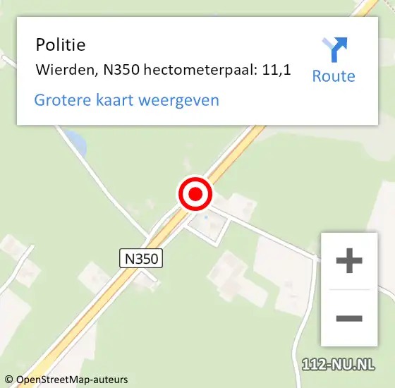 Locatie op kaart van de 112 melding: Politie Wierden, N350 hectometerpaal: 11,1 op 6 juni 2023 17:58