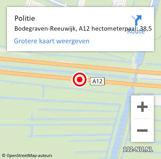 Locatie op kaart van de 112 melding: Politie Bodegraven-Reeuwijk, A12 hectometerpaal: 38,5 op 6 juni 2023 18:38