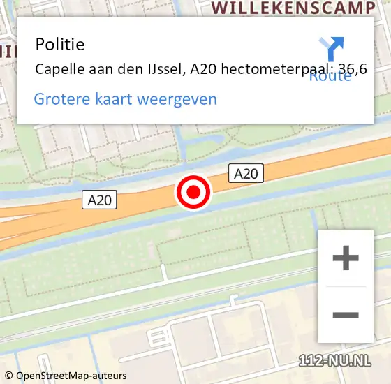 Locatie op kaart van de 112 melding: Politie Capelle aan den IJssel, A20 hectometerpaal: 36,6 op 6 juni 2023 18:38