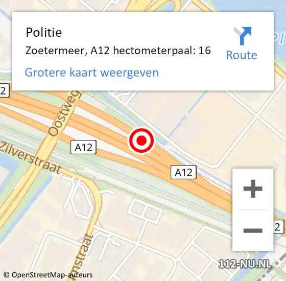 Locatie op kaart van de 112 melding: Politie Zoetermeer, A12 hectometerpaal: 16 op 6 juni 2023 19:06