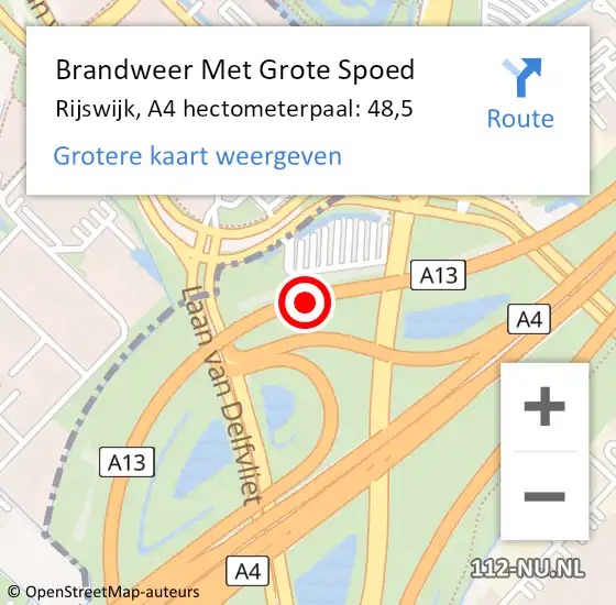 Locatie op kaart van de 112 melding: Brandweer Met Grote Spoed Naar Rijswijk, A4 hectometerpaal: 48,5 op 6 juni 2023 19:49