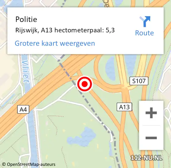 Locatie op kaart van de 112 melding: Politie Rijswijk, A13 hectometerpaal: 5,3 op 6 juni 2023 19:51