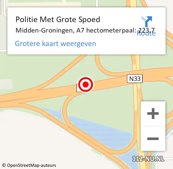 Locatie op kaart van de 112 melding: Politie Met Grote Spoed Naar Midden-Groningen, A7 hectometerpaal: 223,7 op 6 juni 2023 20:23