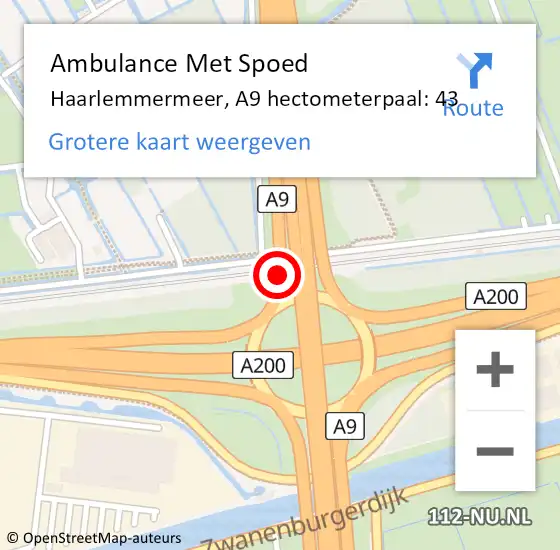 Locatie op kaart van de 112 melding: Ambulance Met Spoed Naar Haarlemmermeer, A9 hectometerpaal: 43 op 6 juni 2023 21:33