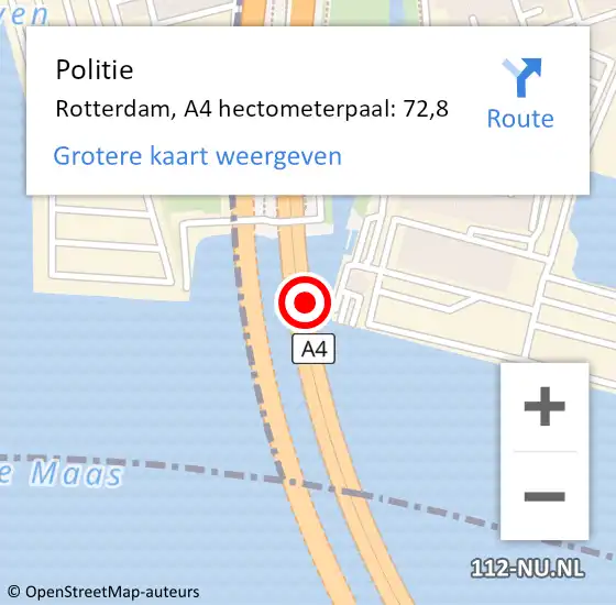Locatie op kaart van de 112 melding: Politie Rotterdam, A4 hectometerpaal: 72,8 op 6 juni 2023 23:40