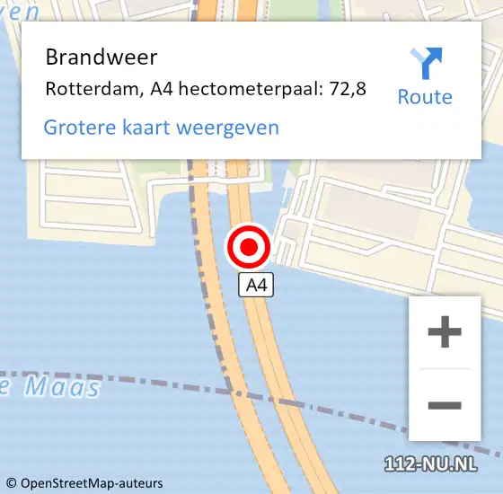 Locatie op kaart van de 112 melding: Brandweer Rotterdam, A4 hectometerpaal: 72,8 op 6 juni 2023 23:43