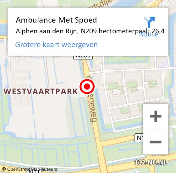 Locatie op kaart van de 112 melding: Ambulance Met Spoed Naar Alphen aan den Rijn, N209 hectometerpaal: 26,4 op 7 juni 2023 02:05
