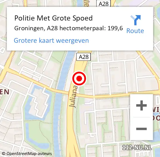 Locatie op kaart van de 112 melding: Politie Met Grote Spoed Naar Groningen, A28 hectometerpaal: 199,6 op 7 juni 2023 07:32