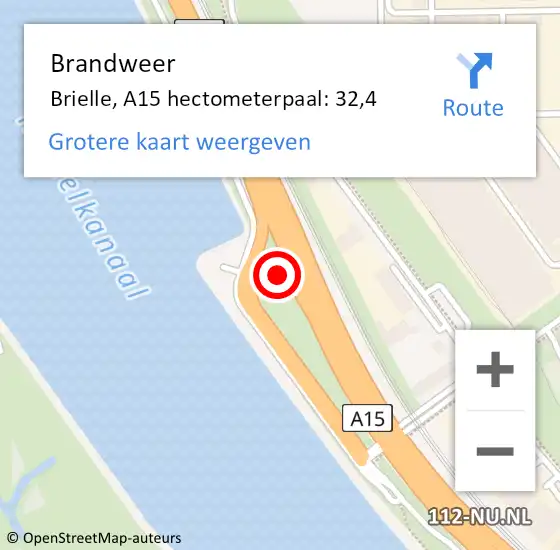 Locatie op kaart van de 112 melding: Brandweer Brielle, A15 hectometerpaal: 32,4 op 7 juni 2023 07:53