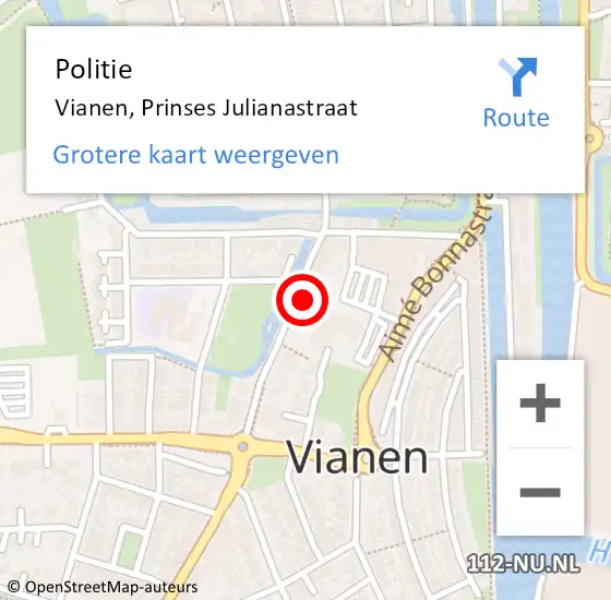 Locatie op kaart van de 112 melding: Politie Vianen, Prinses Julianastraat op 7 juni 2023 09:49