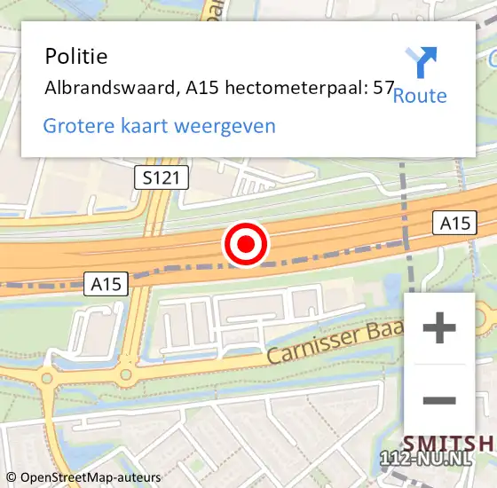 Locatie op kaart van de 112 melding: Politie Albrandswaard, A15 hectometerpaal: 57 op 7 juni 2023 10:22