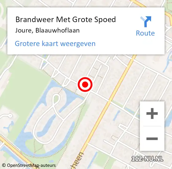 Locatie op kaart van de 112 melding: Brandweer Met Grote Spoed Naar Joure, Blaauwhoflaan op 7 juni 2023 10:31