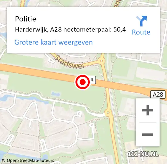 Locatie op kaart van de 112 melding: Politie Harderwijk, A28 hectometerpaal: 50,4 op 7 juni 2023 11:47