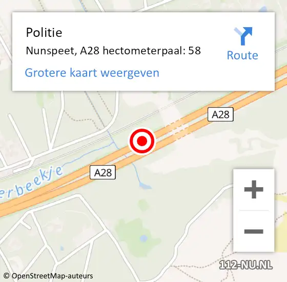 Locatie op kaart van de 112 melding: Politie Nunspeet, A28 hectometerpaal: 58 op 7 juni 2023 11:47