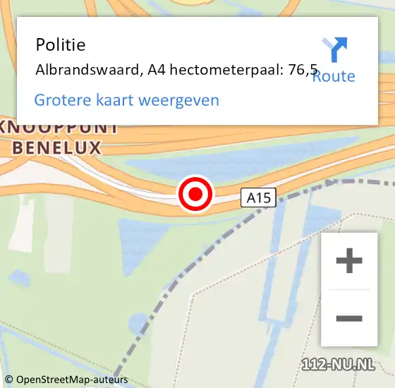 Locatie op kaart van de 112 melding: Politie Albrandswaard, A4 hectometerpaal: 76,5 op 7 juni 2023 12:07