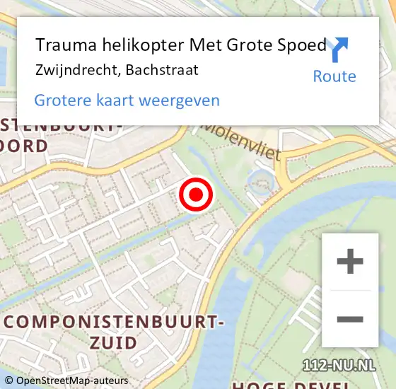 Locatie op kaart van de 112 melding: Trauma helikopter Met Grote Spoed Naar Zwijndrecht, Bachstraat op 7 juni 2023 12:22