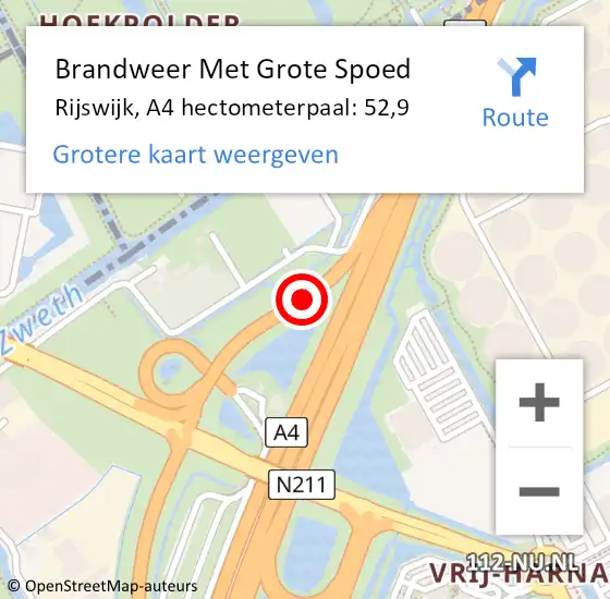 Locatie op kaart van de 112 melding: Brandweer Met Grote Spoed Naar Rijswijk, A4 hectometerpaal: 52,9 op 7 juni 2023 13:17