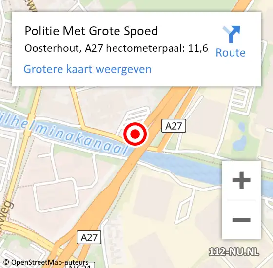 Locatie op kaart van de 112 melding: Politie Met Grote Spoed Naar Oosterhout, A27 hectometerpaal: 11,6 op 7 juni 2023 14:19