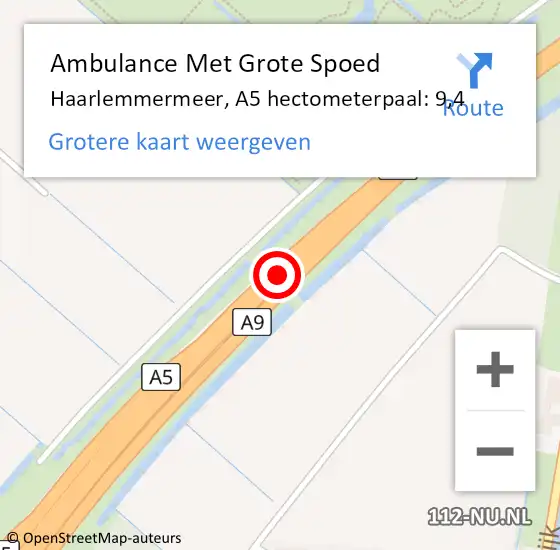 Locatie op kaart van de 112 melding: Ambulance Met Grote Spoed Naar Haarlemmermeer, A5 hectometerpaal: 9,4 op 7 juni 2023 15:03