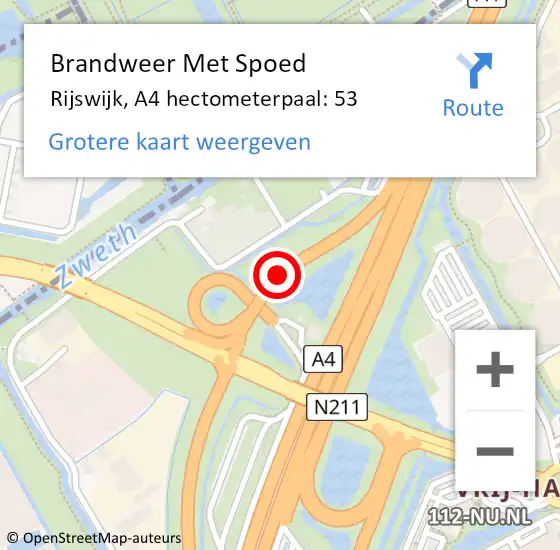 Locatie op kaart van de 112 melding: Brandweer Met Spoed Naar Rijswijk, A4 hectometerpaal: 53 op 7 juni 2023 15:23