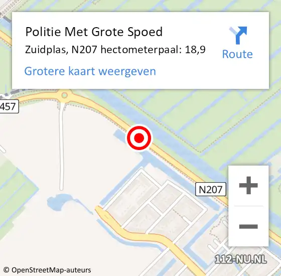 Locatie op kaart van de 112 melding: Politie Met Grote Spoed Naar Zuidplas, N207 hectometerpaal: 18,9 op 7 juni 2023 15:52