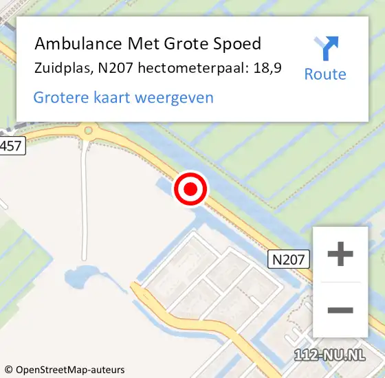Locatie op kaart van de 112 melding: Ambulance Met Grote Spoed Naar Zuidplas, N207 hectometerpaal: 18,9 op 7 juni 2023 15:53