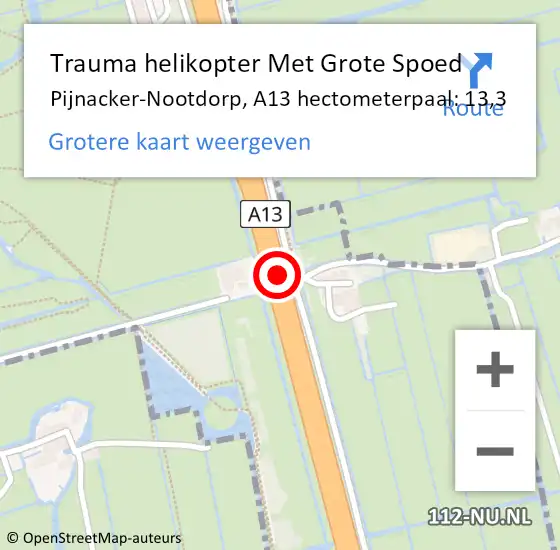 Locatie op kaart van de 112 melding: Trauma helikopter Met Grote Spoed Naar Pijnacker-Nootdorp, A13 hectometerpaal: 13,3 op 7 juni 2023 16:59