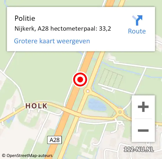 Locatie op kaart van de 112 melding: Politie Nijkerk, A28 hectometerpaal: 33,2 op 7 juni 2023 17:01