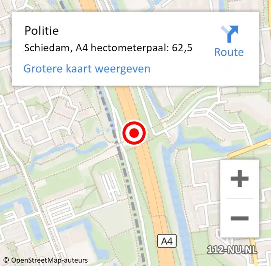 Locatie op kaart van de 112 melding: Politie Schiedam, A4 hectometerpaal: 62,5 op 7 juni 2023 17:50