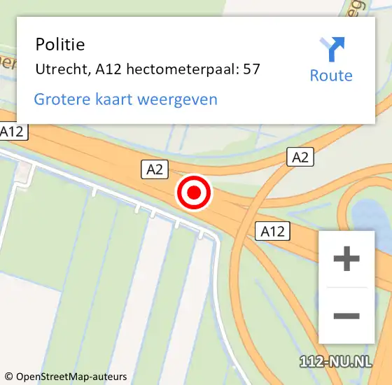 Locatie op kaart van de 112 melding: Politie Utrecht, A12 hectometerpaal: 57 op 7 juni 2023 18:12