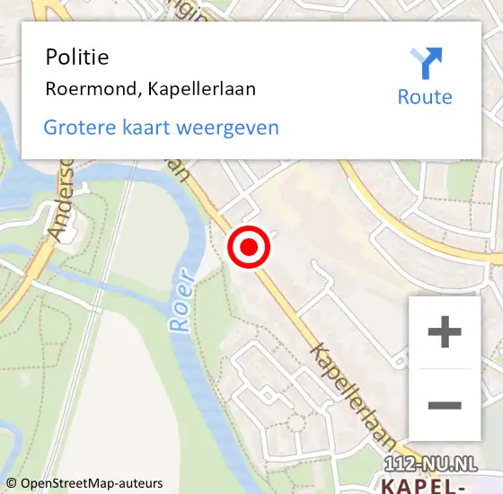 Locatie op kaart van de 112 melding: Politie Roermond, Kapellerlaan op 7 juni 2023 18:21