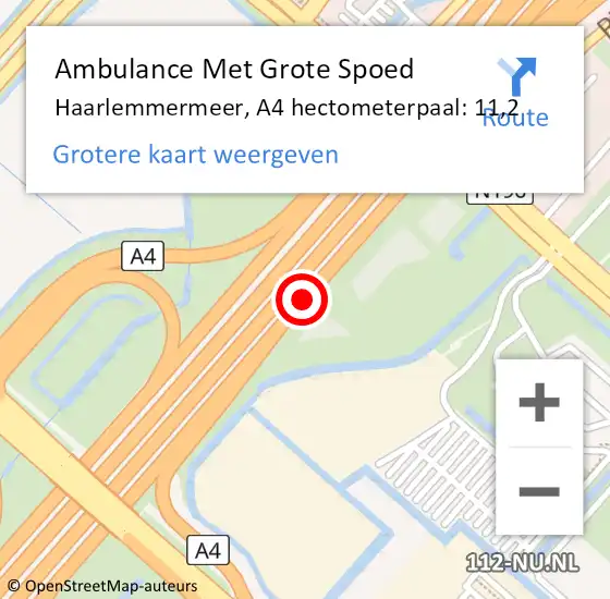 Locatie op kaart van de 112 melding: Ambulance Met Grote Spoed Naar Haarlemmermeer, A4 hectometerpaal: 11,2 op 7 juni 2023 18:40