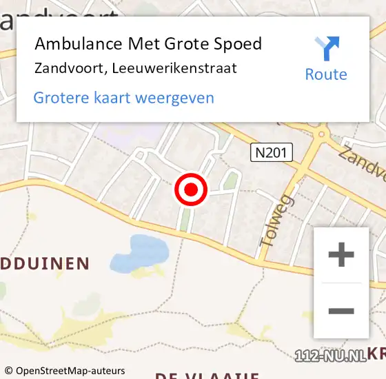 Locatie op kaart van de 112 melding: Ambulance Met Grote Spoed Naar Zandvoort, Leeuwerikenstraat op 7 juni 2023 18:53