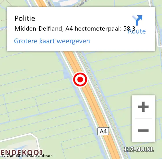 Locatie op kaart van de 112 melding: Politie Midden-Delfland, A4 hectometerpaal: 58,3 op 7 juni 2023 19:33