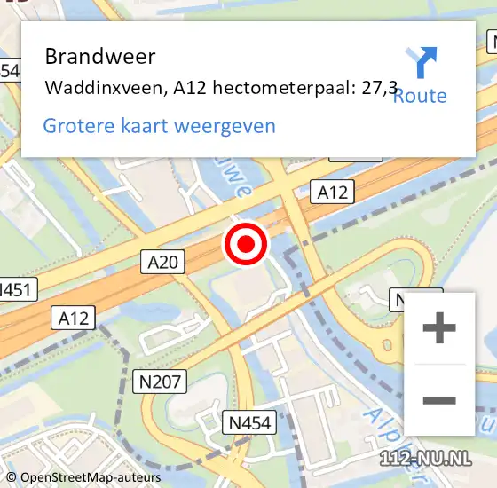 Locatie op kaart van de 112 melding: Brandweer Waddinxveen, A12 hectometerpaal: 27,3 op 7 juni 2023 19:45