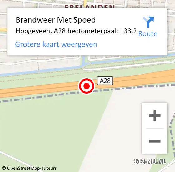 Locatie op kaart van de 112 melding: Brandweer Met Spoed Naar Hoogeveen, A28 hectometerpaal: 133,2 op 7 juni 2023 19:46