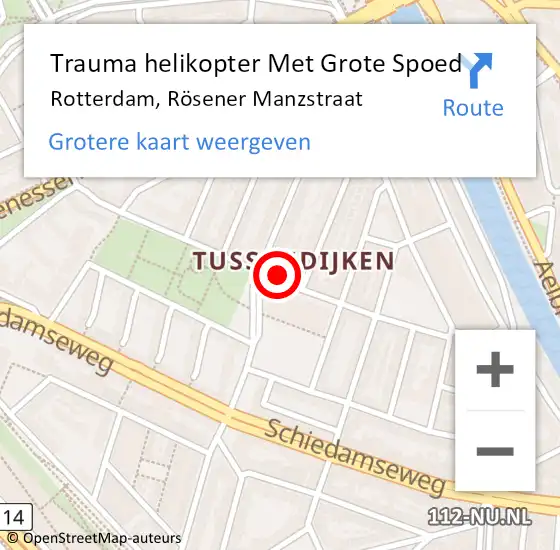 Locatie op kaart van de 112 melding: Trauma helikopter Met Grote Spoed Naar Rotterdam, Rösener Manzstraat op 7 juni 2023 21:03