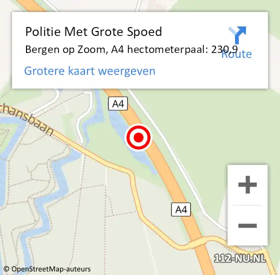 Locatie op kaart van de 112 melding: Politie Met Grote Spoed Naar Bergen op Zoom, A4 hectometerpaal: 230,9 op 8 juni 2023 00:31