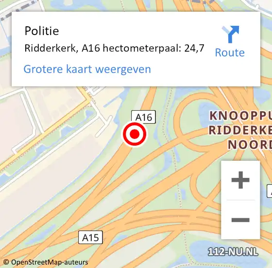 Locatie op kaart van de 112 melding: Politie Ridderkerk, A16 hectometerpaal: 24,7 op 8 juni 2023 01:07