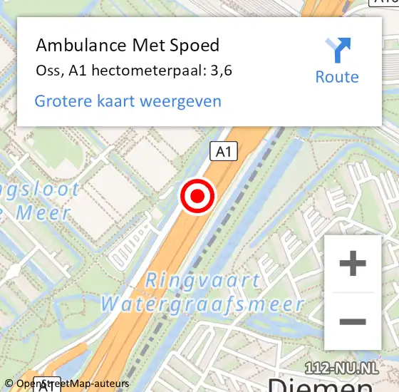 Locatie op kaart van de 112 melding: Ambulance Met Spoed Naar Oss, A1 hectometerpaal: 3,6 op 8 juni 2023 09:18