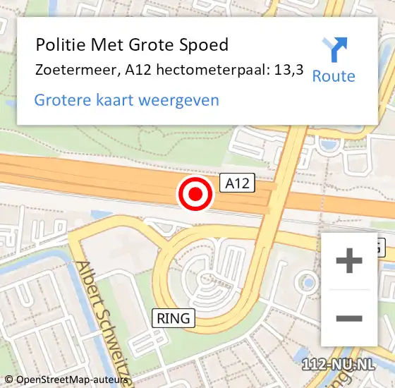 Locatie op kaart van de 112 melding: Politie Met Grote Spoed Naar Zoetermeer, A12 hectometerpaal: 13,3 op 8 juni 2023 09:31