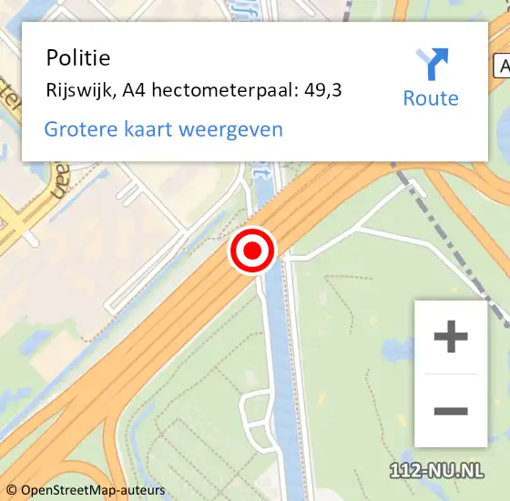 Locatie op kaart van de 112 melding: Politie Rijswijk, A4 hectometerpaal: 49,3 op 8 juni 2023 10:54