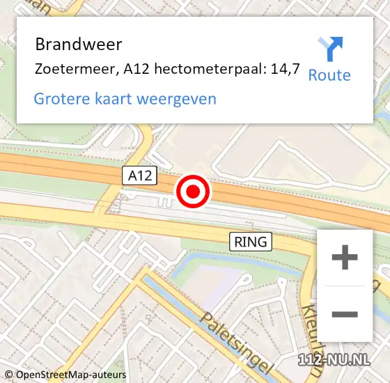 Locatie op kaart van de 112 melding: Brandweer Zoetermeer, A12 hectometerpaal: 14,7 op 8 juni 2023 11:00
