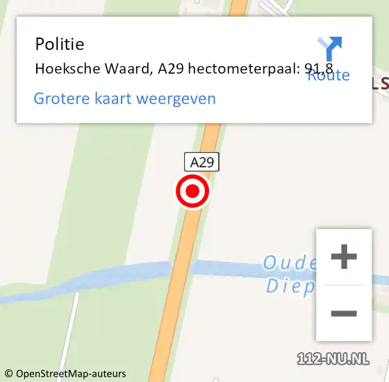 Locatie op kaart van de 112 melding: Politie Hoeksche Waard, A29 hectometerpaal: 91,8 op 8 juni 2023 11:20