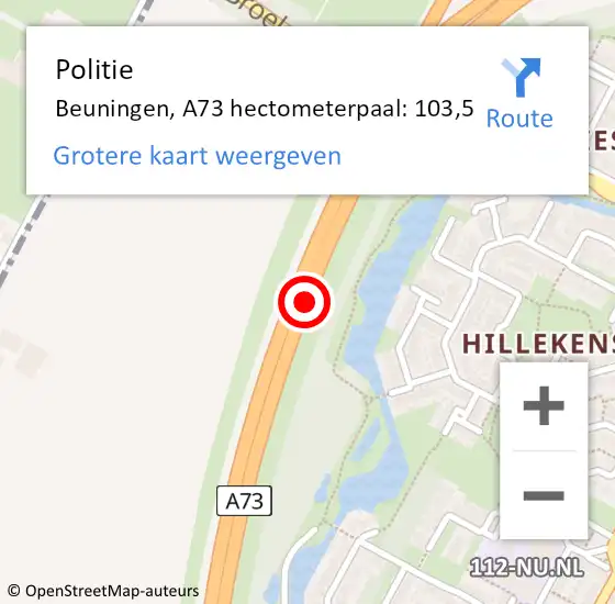 Locatie op kaart van de 112 melding: Politie Beuningen, A73 hectometerpaal: 103,5 op 8 juni 2023 11:49