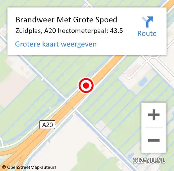 Locatie op kaart van de 112 melding: Brandweer Met Grote Spoed Naar Zuidplas, A20 hectometerpaal: 43,5 op 8 juni 2023 12:25