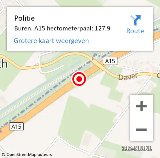 Locatie op kaart van de 112 melding: Politie Buren, A15 hectometerpaal: 127,9 op 8 juni 2023 13:10